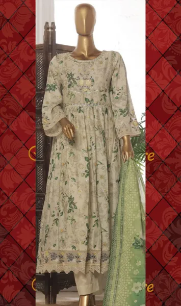 Pakistani Original Bin Saeed luxury Stitched Cotton Embroidered Gown 3 Pcs_Off White